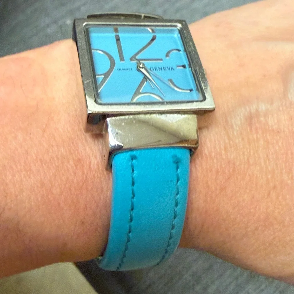 Geneva Quartz Watch Square Turquoise Blue Dial Silver Tone Cuff Bangle Works
